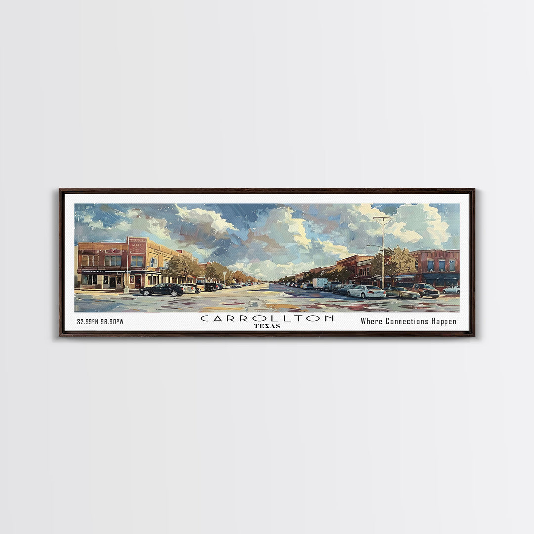 Carrolton Texas Panoramic Watercolor Painting Framed Canvas Print, Travel Poster Art, Home Decor, Texas City Landscape, Bedroom Wall Art, Office Decoration, Texas-Themed Gift