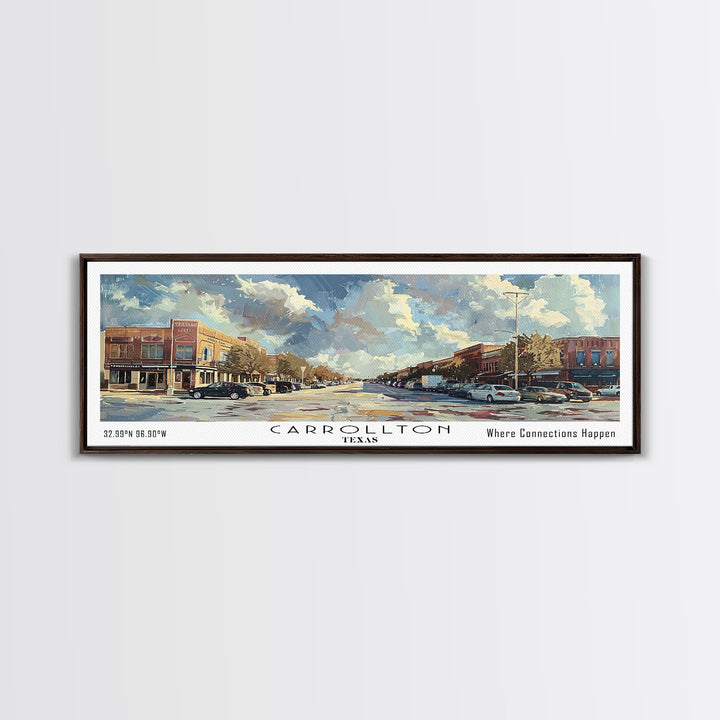 Carrolton Texas Panoramic Watercolor Painting Framed Canvas Print, Travel Poster Art, Home Decor, Texas City Landscape, Bedroom Wall Art, Office Decoration, Texas-Themed Gift