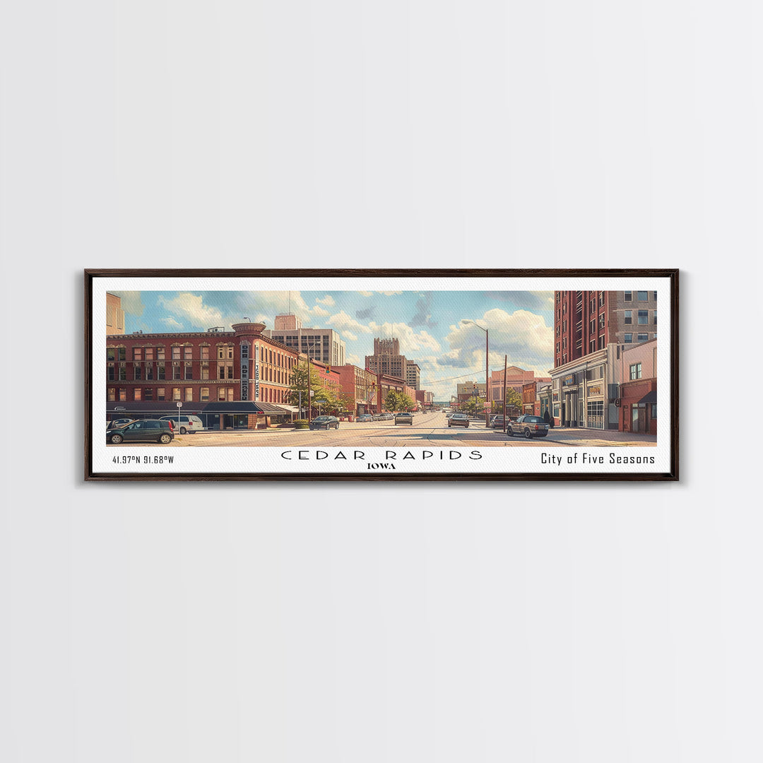 Cedar Rapids Iowa Panoramic Watercolor Painting Framed Canvas Print, Travel Poster Art, Home Decor, Iowa Cityscape, Living Room Decoration, Office Wall Art, Gift for Iowans