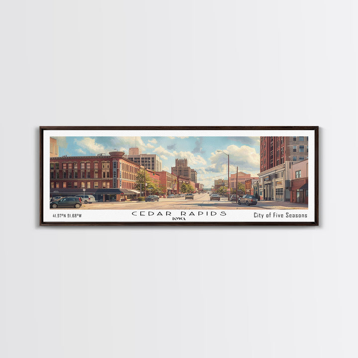 Cedar Rapids Iowa Panoramic Watercolor Painting Framed Canvas Print, Travel Poster Art, Home Decor, Iowa Cityscape, Living Room Decoration, Office Wall Art, Gift for Iowans