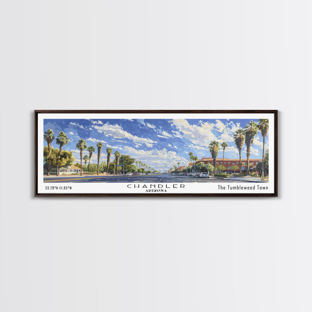 Chandler Arizona Panoramic Watercolor Painting Framed Canvas Print, Travel Poster Art, Home Decor, Vibrant Arizona Cityscape, Living Room Wall Art, Office Decoration, Gift for Art Lovers