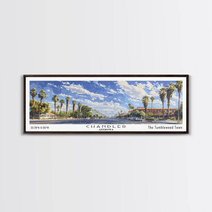 Chandler Arizona Panoramic Watercolor Painting Framed Canvas Print, Travel Poster Art, Home Decor, Vibrant Arizona Cityscape, Living Room Wall Art, Office Decoration, Gift for Art Lovers