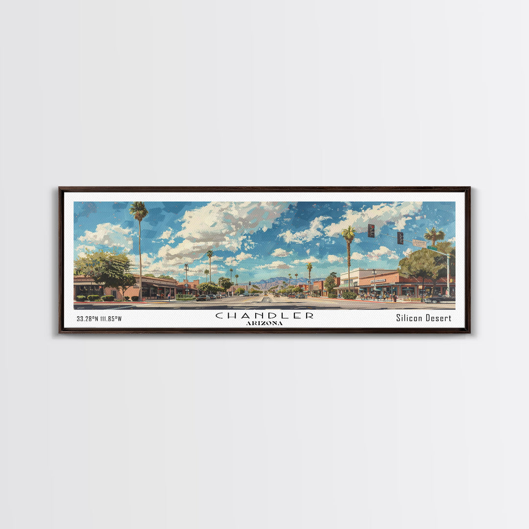 Chandler Arizona Panoramic Watercolor Painting Framed Canvas Print, Travel Poster Art, Home Decor, Desert Cityscape, Bedroom Wall Art, Office Decoration, Unique Travel Gift
