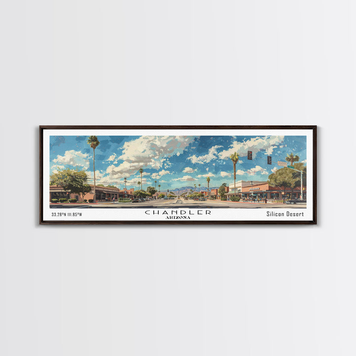 Chandler Arizona Panoramic Watercolor Painting Framed Canvas Print, Travel Poster Art, Home Decor, Desert Cityscape, Bedroom Wall Art, Office Decoration, Unique Travel Gift