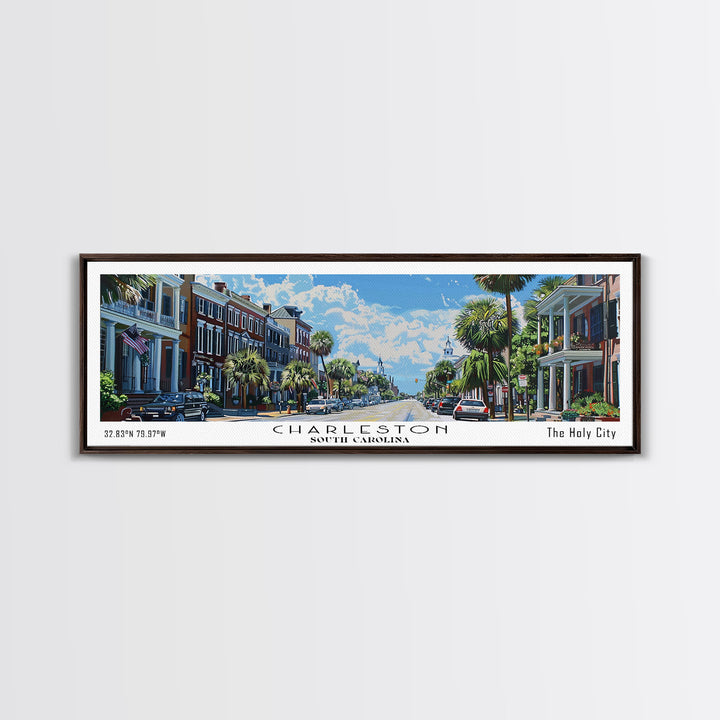 Charleston South Carolina Panoramic Watercolor Painting Framed Canvas Print, Travel Poster Art, Coastal Cityscape, Living Room Decor, Wall Hanging, Office Art, Southern Charm Gift