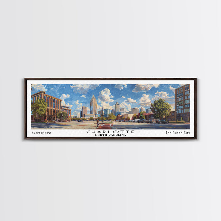 Charlotte North Carolina Panoramic Watercolor Painting Framed Canvas Print, Travel Poster Art, Urban Cityscape, Living Room Decor, Wall Art, Office Decoration, North Carolina Gift