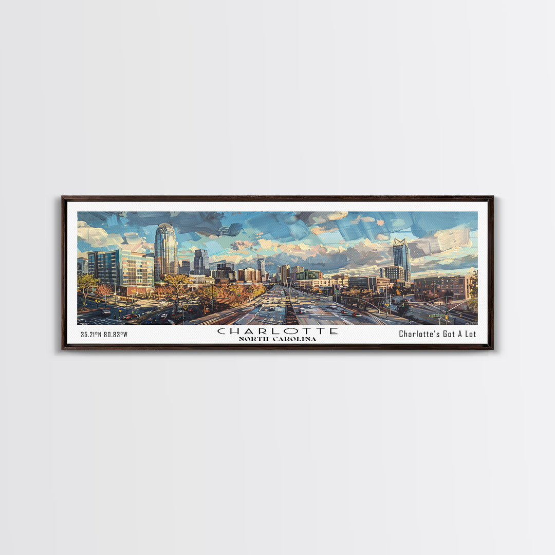 Charlotte North Carolina Panoramic Watercolor Painting Framed Canvas Print, Travel Poster Art, Urban Landscape, Home Decor, Bedroom Wall Art, Office Decoration, Unique Travel Gift