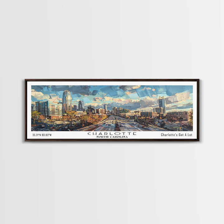 Charlotte North Carolina Panoramic Watercolor Painting Framed Canvas Print, Travel Poster Art, Urban Landscape, Home Decor, Bedroom Wall Art, Office Decoration, Unique Travel Gift