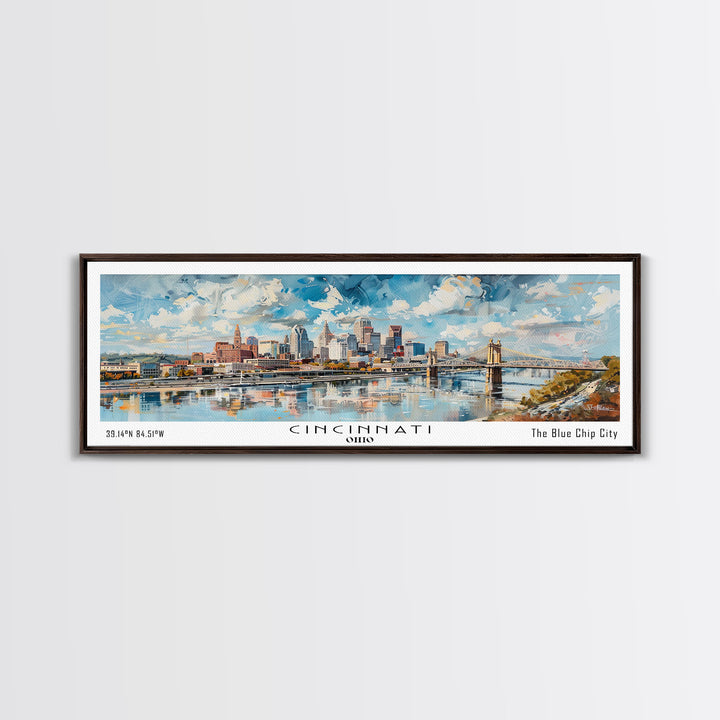 Cincinnati Ohio Panoramic Watercolor Painting Framed Canvas Print, Travel Poster Art, Urban Cityscape, Home Decor, Living Room Wall Art, Office Decoration, Gift for Ohioans