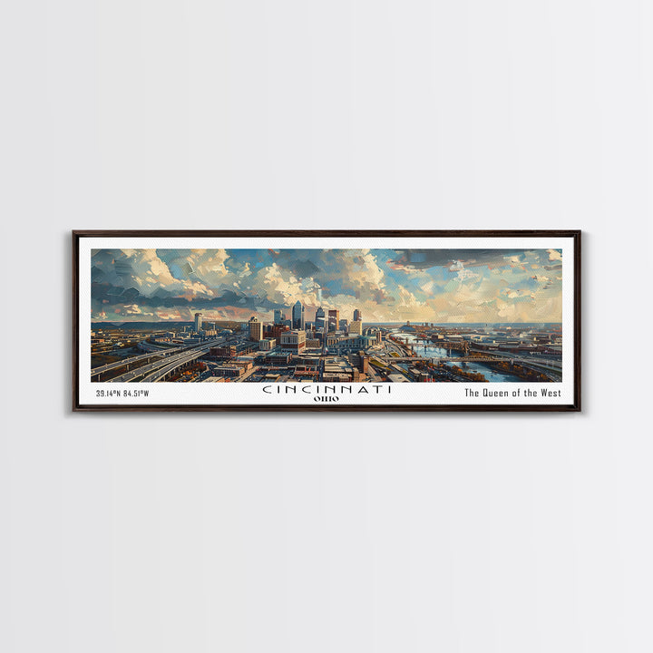 Cincinnati Ohio Panoramic Watercolor Painting Framed Canvas Print, Travel Poster Art, Urban Landscape, Bedroom Wall Art, Living Room Decoration, Office Wall Art, Ohio-Themed Gift