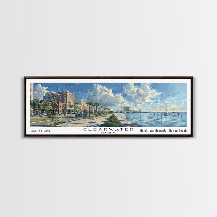 Clearwater Florida Panoramic Watercolor Painting Framed Canvas Print, Travel Poster Art, Coastal View, Home Decor, Wall Hanging, Office Art, Gift for Beach Lovers