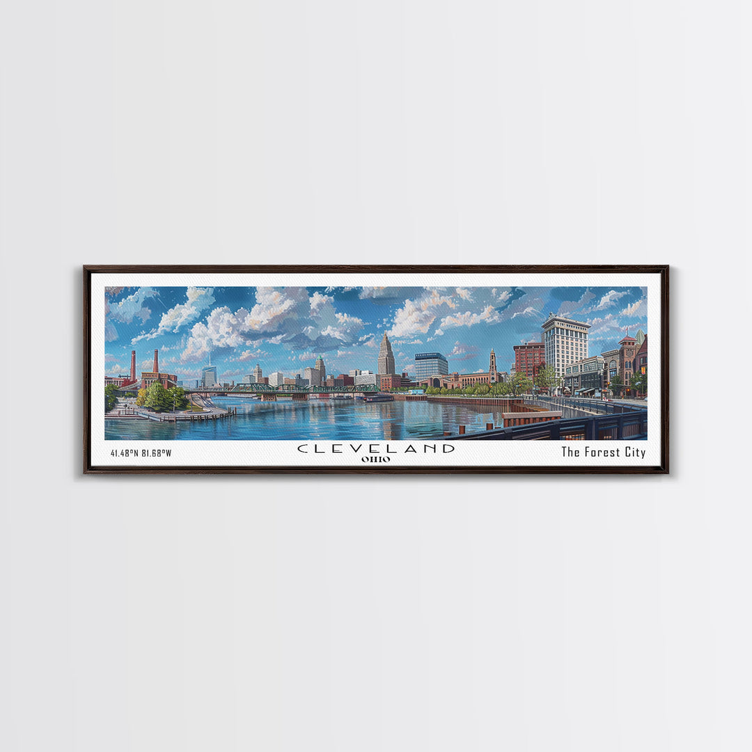Cleveland Ohio Panoramic Watercolor Painting Framed Canvas Print, Travel Poster Art, Urban Landscape, Bedroom Wall Art, Living Room Decoration, Office Wall Art, Ohio-Themed Gift