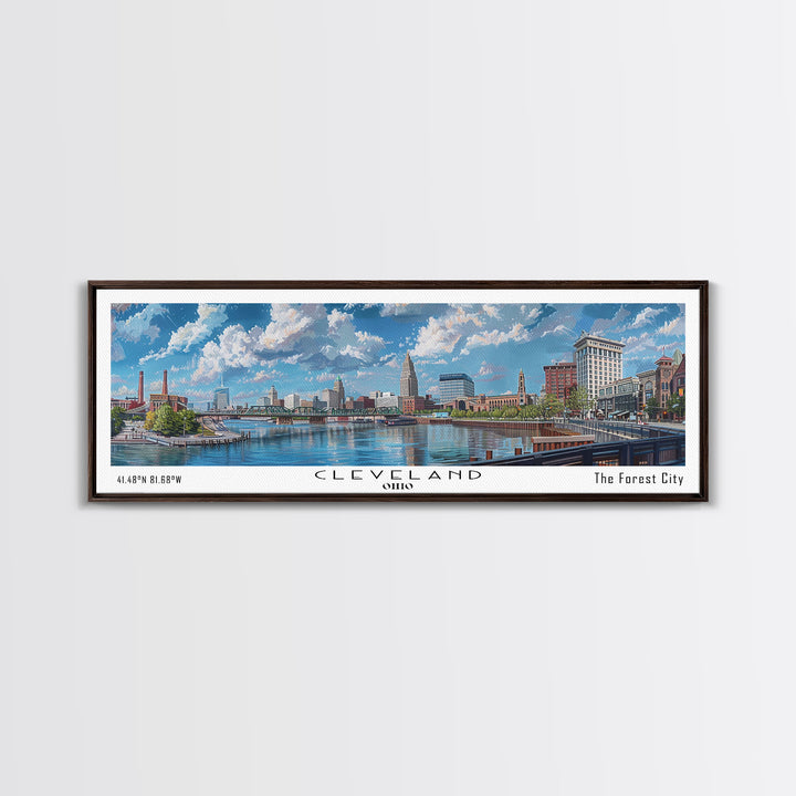 Cleveland Ohio Panoramic Watercolor Painting Framed Canvas Print, Travel Poster Art, Urban Landscape, Bedroom Wall Art, Living Room Decoration, Office Wall Art, Ohio-Themed Gift