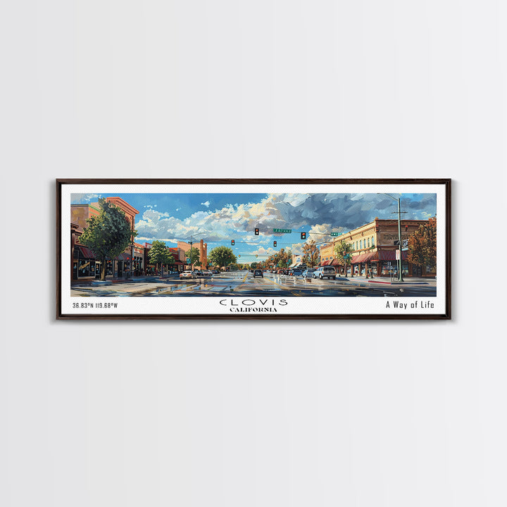 Clovis California Panoramic Watercolor Painting Framed Canvas Print, Travel Poster Art, Picturesque Landscape, Home Decor, Living Room Wall Art, Office Decoration, Unique Travel Gift
