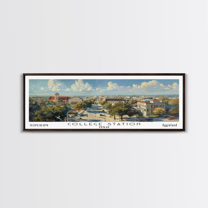 College Station Texas Panoramic Watercolor Painting Framed Canvas Print, Travel Poster Art, Cityscape, Living Room Decor, Wall Hanging, Office Art, Texas-Themed Gift