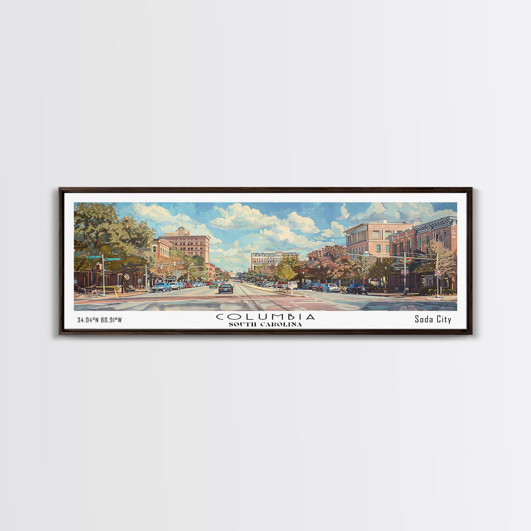 Columbia South Carolina Panoramic Watercolor Painting Framed Canvas Print, Travel Poster Art, Urban Cityscape, Living Room Decor, Wall Hanging, Office Art, Southern Charm Gift