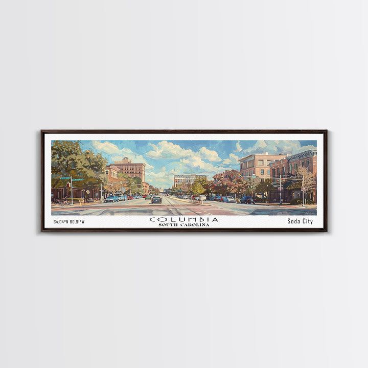 Columbia South Carolina Panoramic Watercolor Painting Framed Canvas Print, Travel Poster Art, Urban Cityscape, Living Room Decor, Wall Hanging, Office Art, Southern Charm Gift