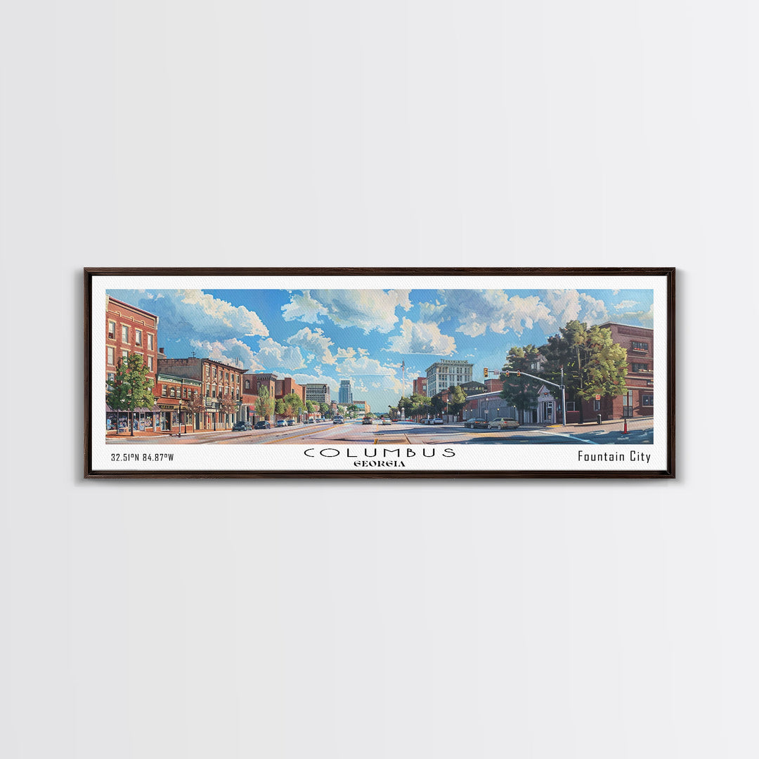 Columbus Georgia Panoramic Watercolor Painting Framed Canvas Print, Travel Poster Art, Picturesque Landscape, Home Decor, Living Room Wall Art, Office Decoration, Unique Travel Gift