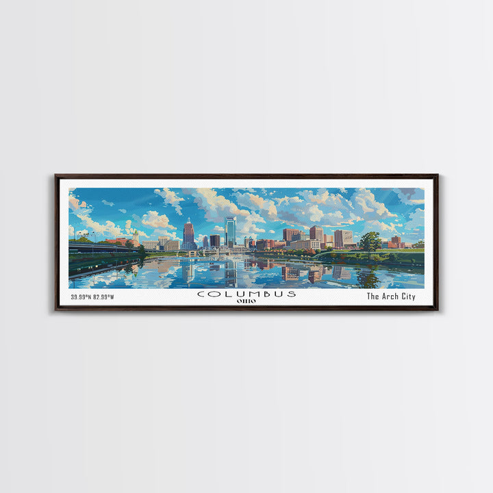 Columbus Ohio Panoramic Watercolor Painting Framed Canvas Print, Travel Poster Art, Urban Cityscape, Home Decor, Living Room Wall Art, Office Decoration, Gift for Ohioans
