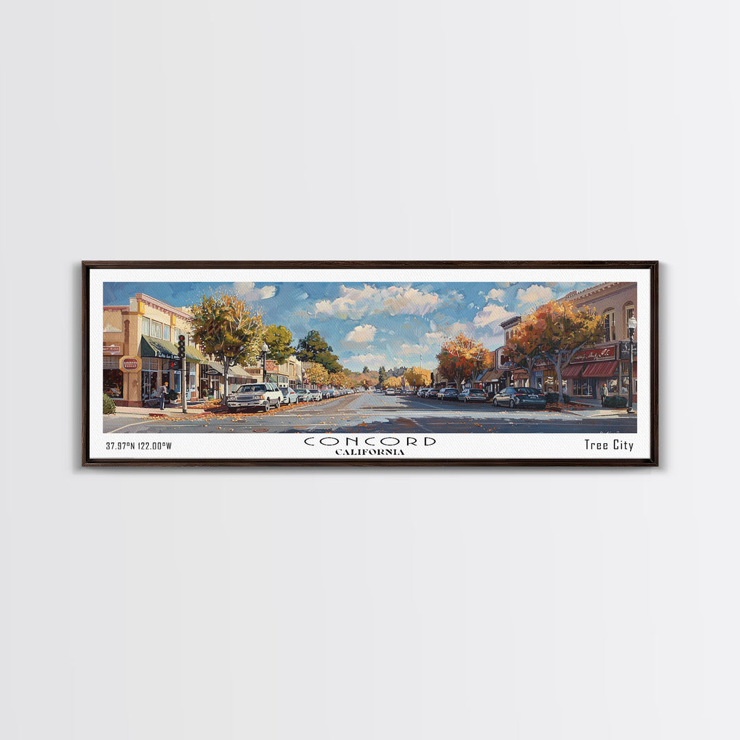 Concord California Panoramic Watercolor Painting Framed Canvas Print, Travel Poster Art, Picturesque Landscape, Living Room Decor, Wall Art, Office Decoration, Unique Travel Gift