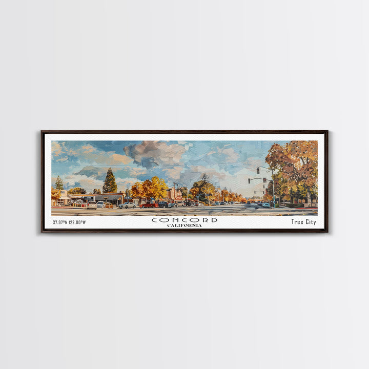 Concord California Panoramic Watercolor Painting Framed Canvas Print, Travel Poster Art, Urban Landscape, Bedroom Wall Art, Living Room Decoration, Office Wall Art, California-Themed Gift