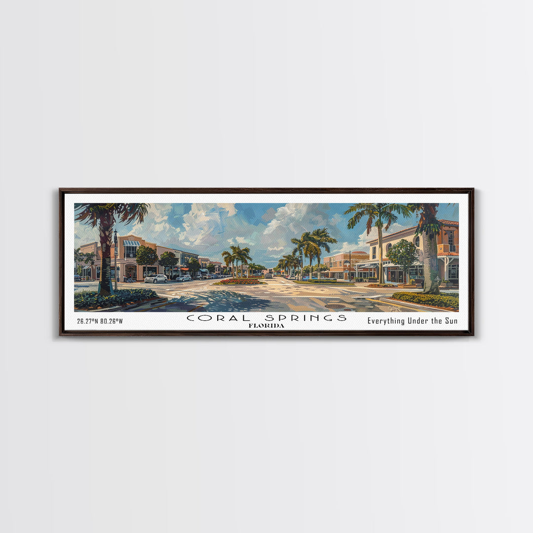 Coral Springs Florida Panoramic Watercolor Painting Framed Canvas Print, Travel Poster Art, Coastal View, Home Decor, Living Room Wall Art, Office Decoration, Gift for Beach Lovers