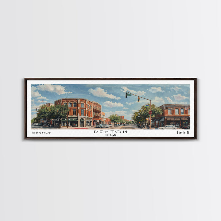 Denton Texas Panoramic Watercolor Painting, Scenic Framed Canvas Print, Urban Wall Art for Living Room, Travel Decor, City Print, Gift Idea