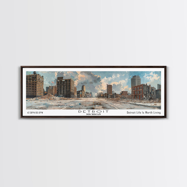 Detroit Michigan Panoramic Watercolor Painting, Scenic Framed Canvas Print, Urban Wall Art for Living Room, Travel Poster, Home Decor, City Gift Idea