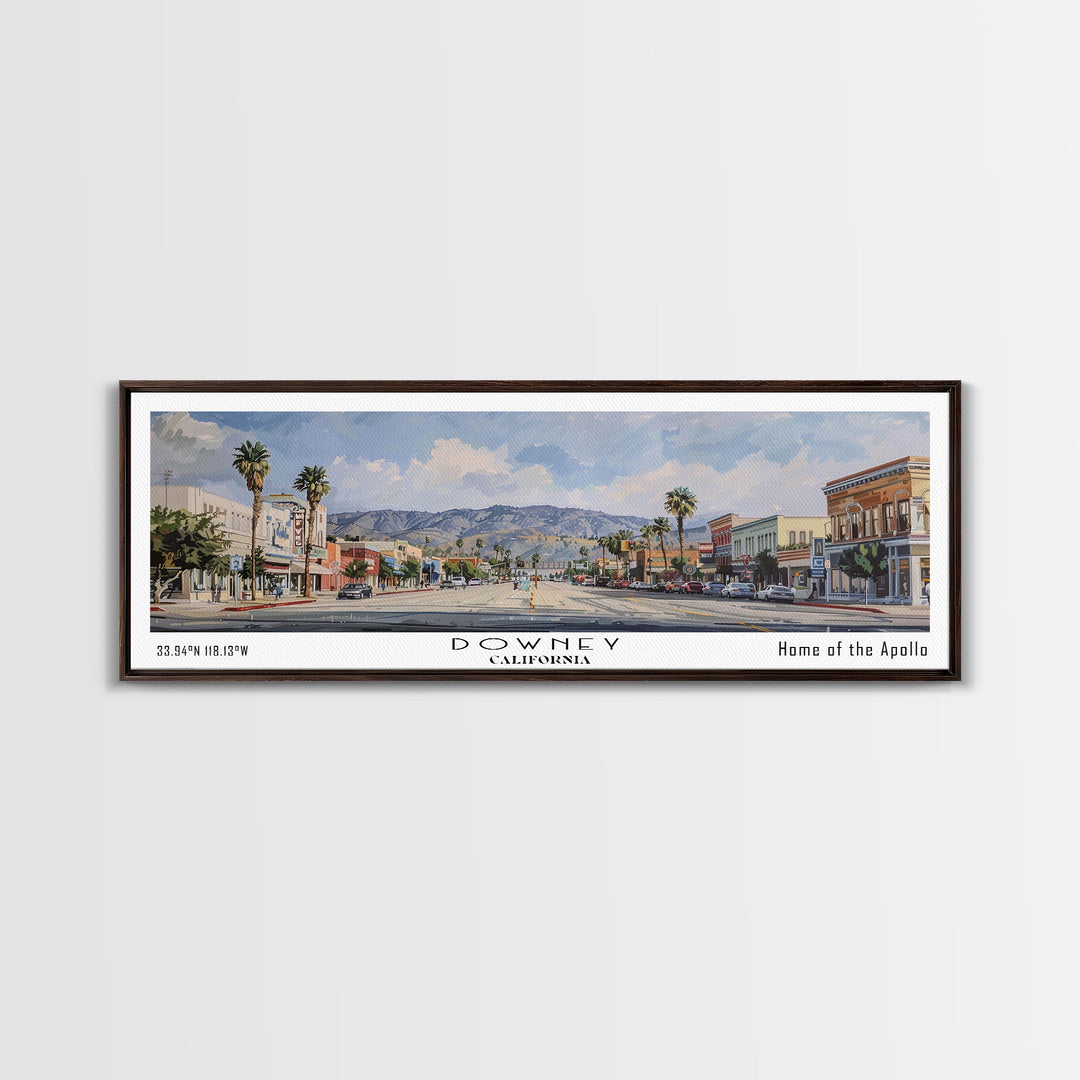 Downey California Panoramic Watercolor Painting, Scenic Framed Canvas Print, Urban Wall Art for Office, Travel Decor, City Print, Gift Idea