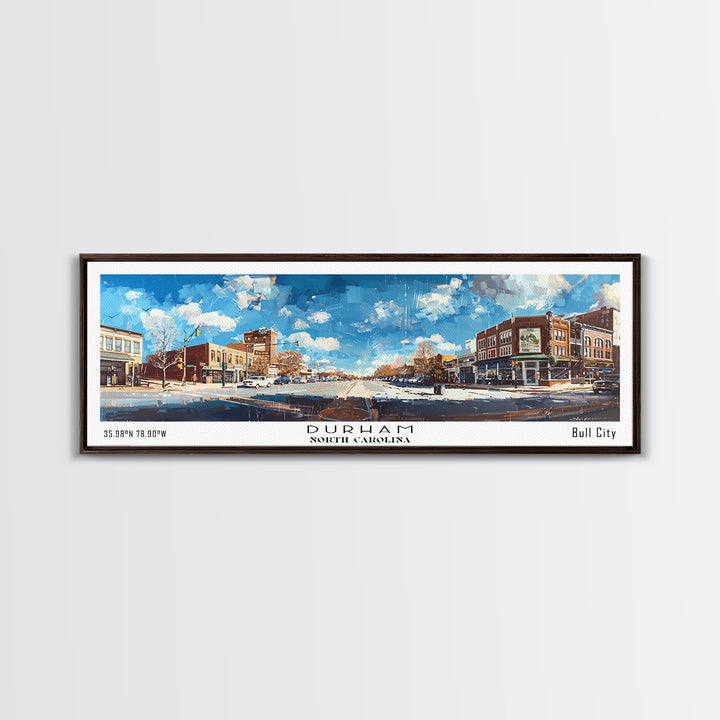 Durham North Carolina Panoramic Watercolor Painting, Scenic Framed Canvas Print, Urban Wall Art for Living Room, Travel Decor, City Print, Gift Idea