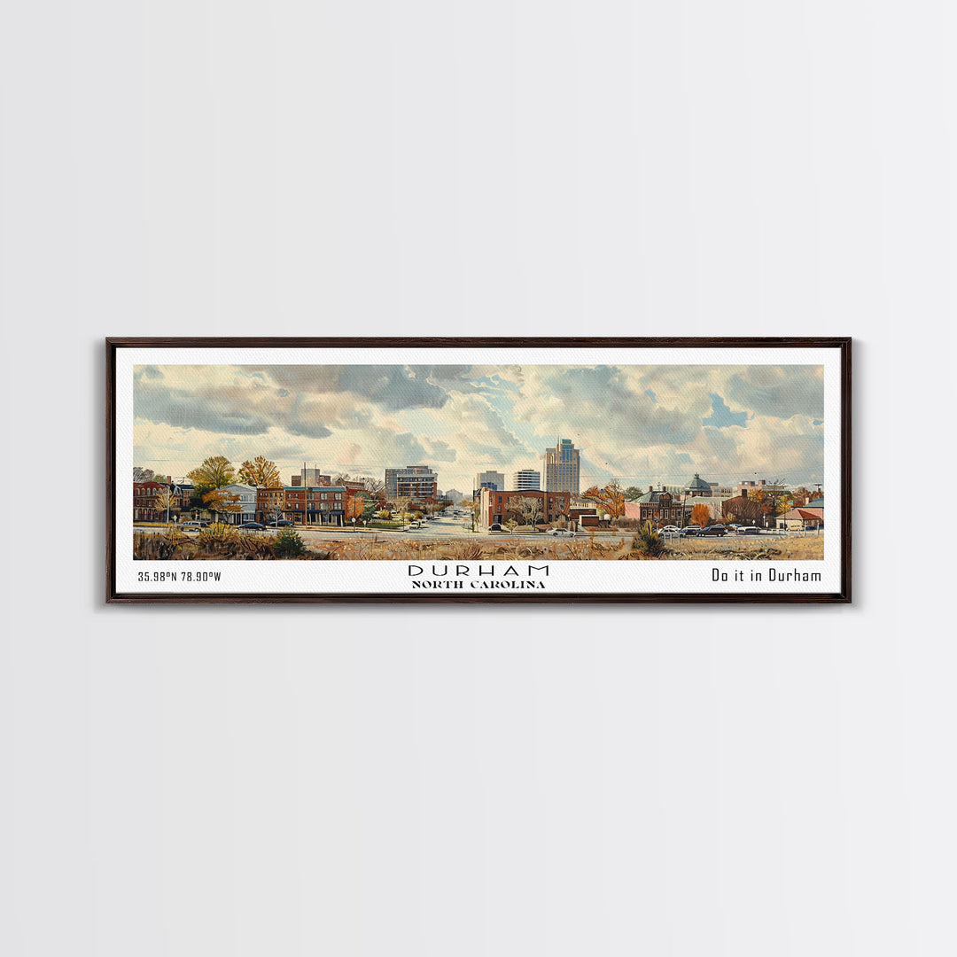 Durham North Carolina Panoramic Watercolor Painting, Scenic Framed Canvas Print, Urban Wall Art for Living Room, Travel Decor, City Print, Gift Idea