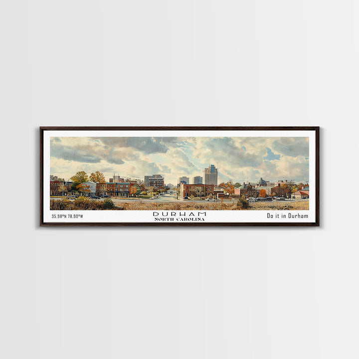 Durham North Carolina Panoramic Watercolor Painting, Scenic Framed Canvas Print, Urban Wall Art for Living Room, Travel Decor, City Print, Gift Idea