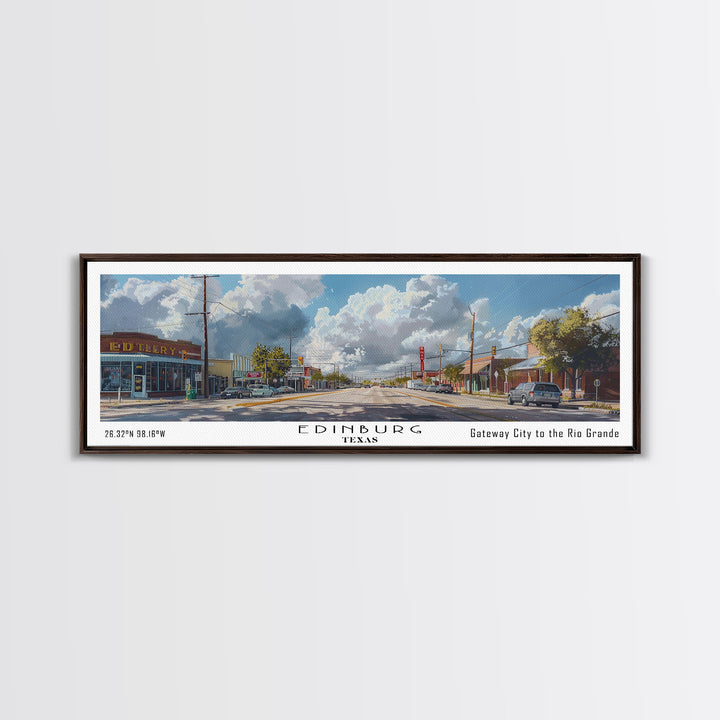 Edinburg Texas Panoramic Watercolor Painting, Scenic Framed Canvas Print, Urban Wall Art for Office, Travel Poster, Home Decor, City Gift Idea