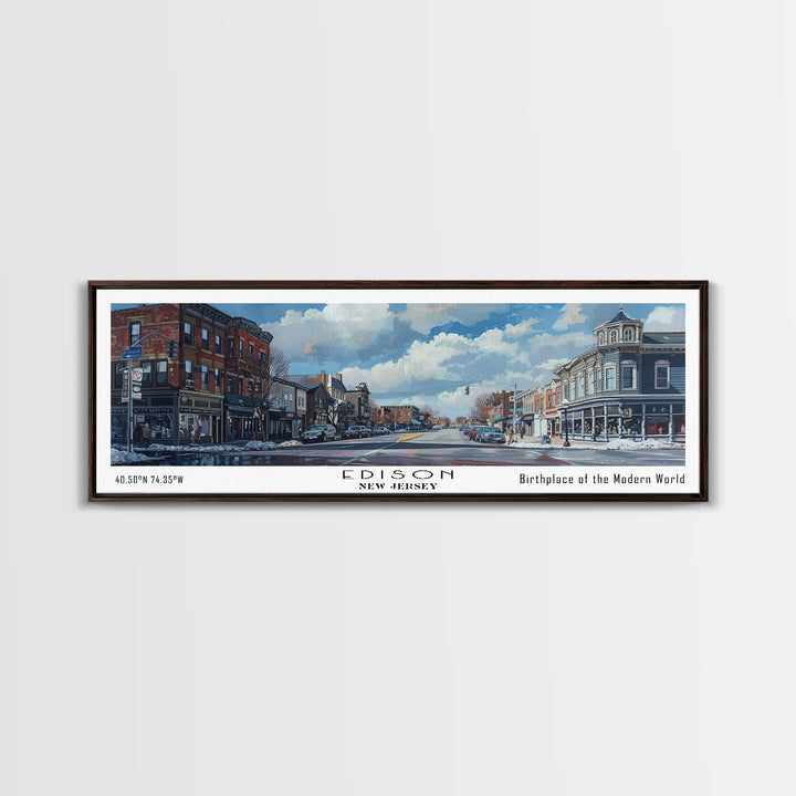 Edison New Jersey Panoramic Watercolor Painting, Scenic Framed Canvas Print, Urban Wall Art for Living Room, Travel Poster, Home Decor, City Gift Idea