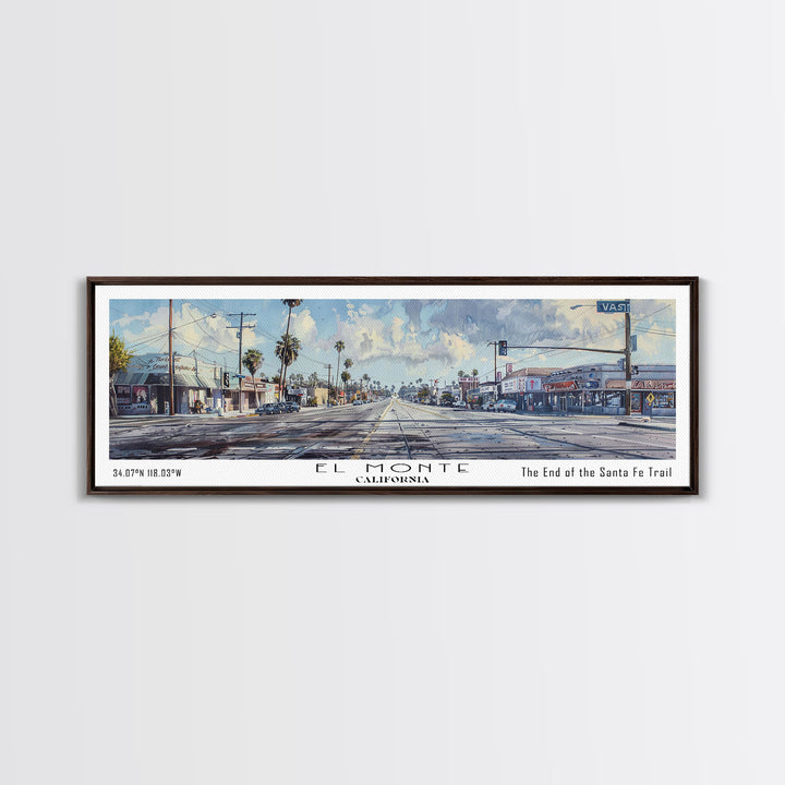 El Monte California Panoramic Watercolor Painting, Scenic Framed Canvas Print, Urban Wall Art for Office, Travel Decor, City Print, Gift Idea