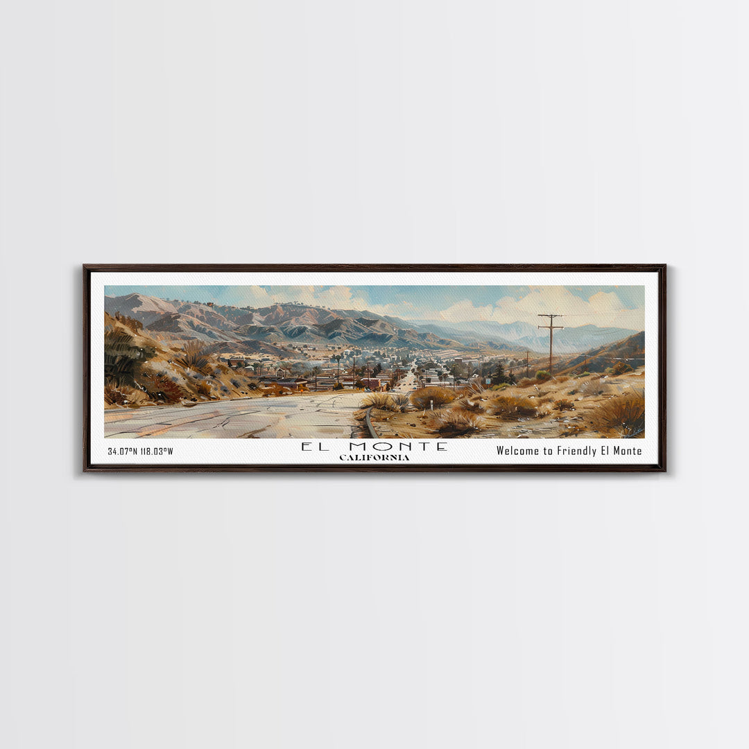 El Monte California Panoramic Watercolor Painting, Scenic Framed Canvas Print, Urban Wall Art for Office, Travel Decor, City Print, Gift Idea