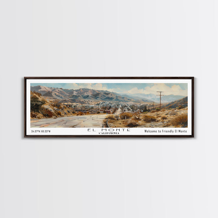 El Monte California Panoramic Watercolor Painting, Scenic Framed Canvas Print, Urban Wall Art for Office, Travel Decor, City Print, Gift Idea