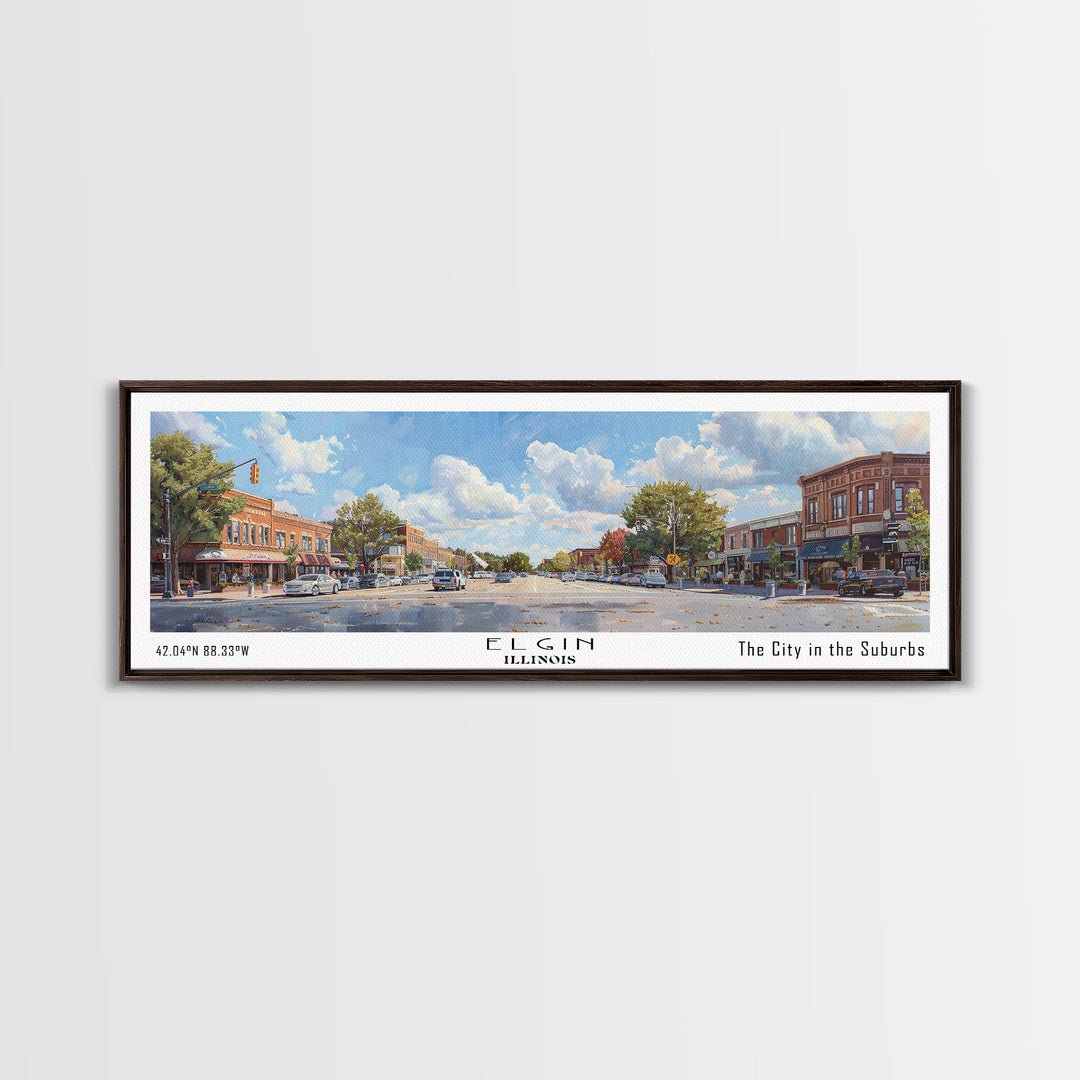 Elgin Illinois Panoramic Watercolor Painting, Scenic Framed Canvas Print, Urban Wall Art for Living Room, Travel Poster, Home Decor, City Gift Idea