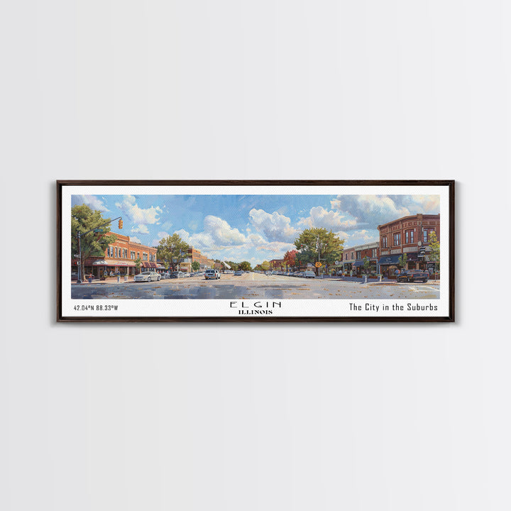 Elgin Illinois Panoramic Watercolor Painting, Scenic Framed Canvas Print, Urban Wall Art for Living Room, Travel Poster, Home Decor, City Gift Idea