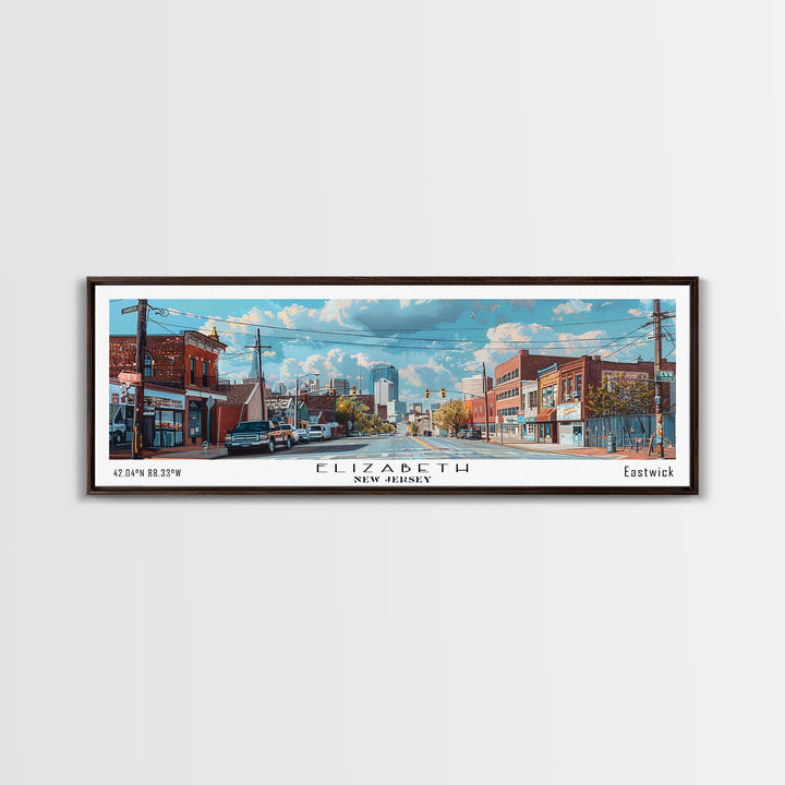 Elizabeth New Jersey Panoramic Watercolor Painting, Scenic Framed Canvas Print, Urban Wall Art for Office, Travel Decor, City Print, Gift Idea