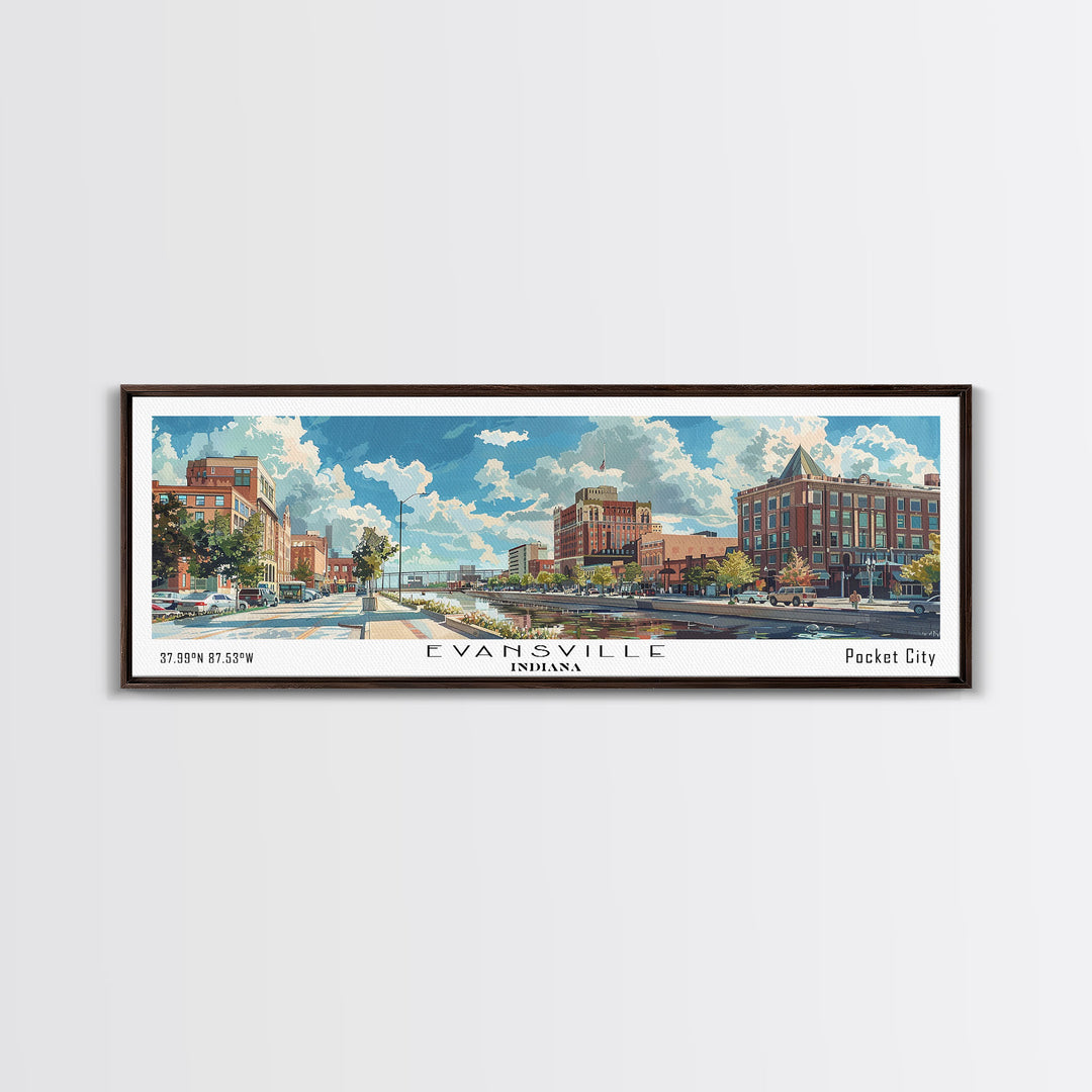 Evansville Indiana Panoramic Watercolor Painting, Scenic Framed Canvas Print, Urban Wall Art for Living Room, Travel Poster, Home Decor, City Gift Idea