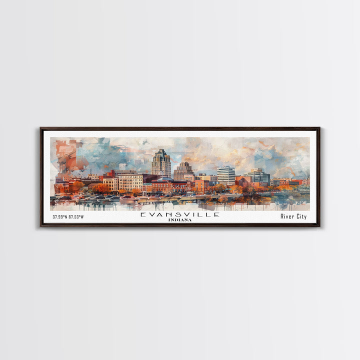 Evansville Indiana Panoramic Watercolor Painting, Scenic Framed Canvas Print, Urban Wall Art for Living Room, Travel Poster, Home Decor, City Gift Idea
