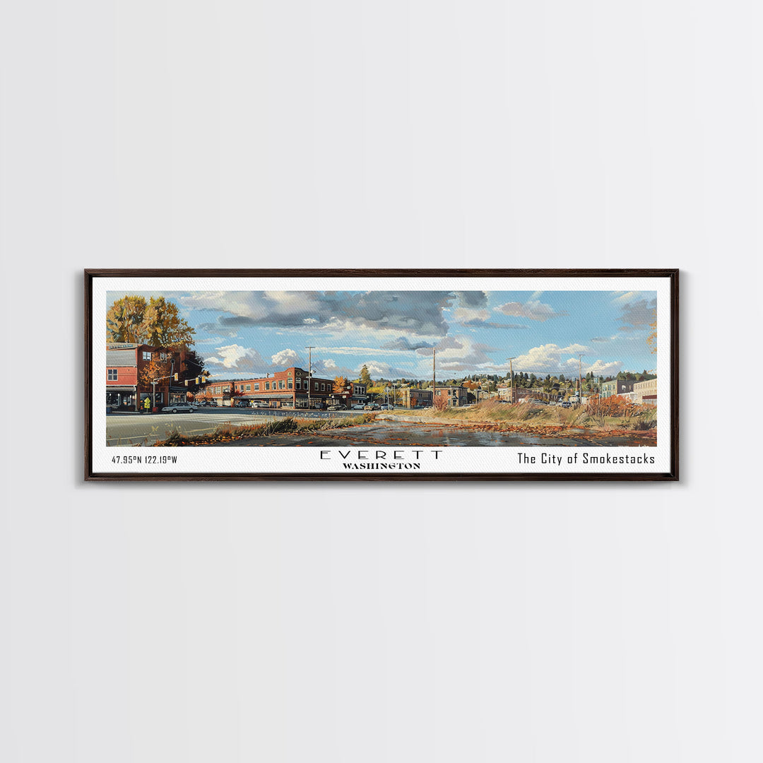 Everett Washington Panoramic Watercolor Painting, Scenic Framed Canvas Print, Urban Wall Art for Office, Travel Decor, City Print, Gift Idea