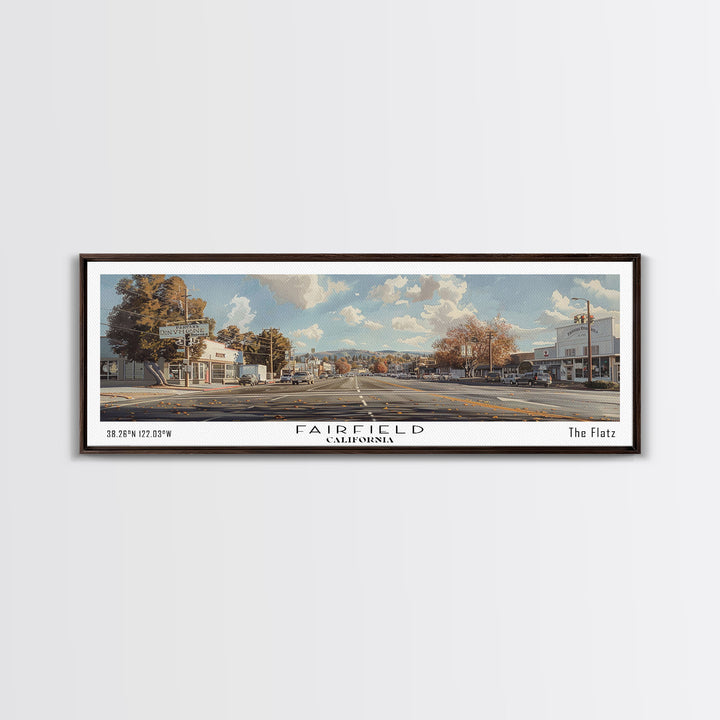 Fairfield California Panoramic Watercolor Painting, Scenic Framed Canvas Print, Urban Wall Art for Living Room, Travel Poster, Home Decor, City Gift Idea