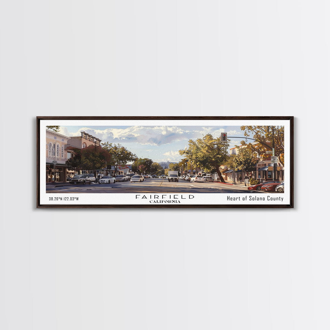 Fairfield California Panoramic Watercolor Painting, Scenic Framed Canvas Print, Urban Wall Art for Living Room, Travel Poster, Home Decor, City Gift Idea