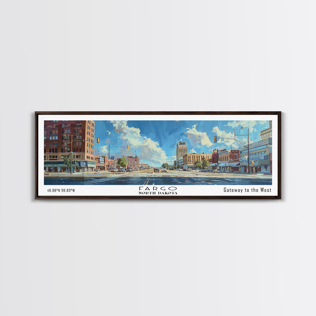Fargo North Carolina Panoramic Watercolor Painting, Scenic Framed Canvas Print, Urban Wall Art for Office, Travel Decor, City Print, Gift Idea