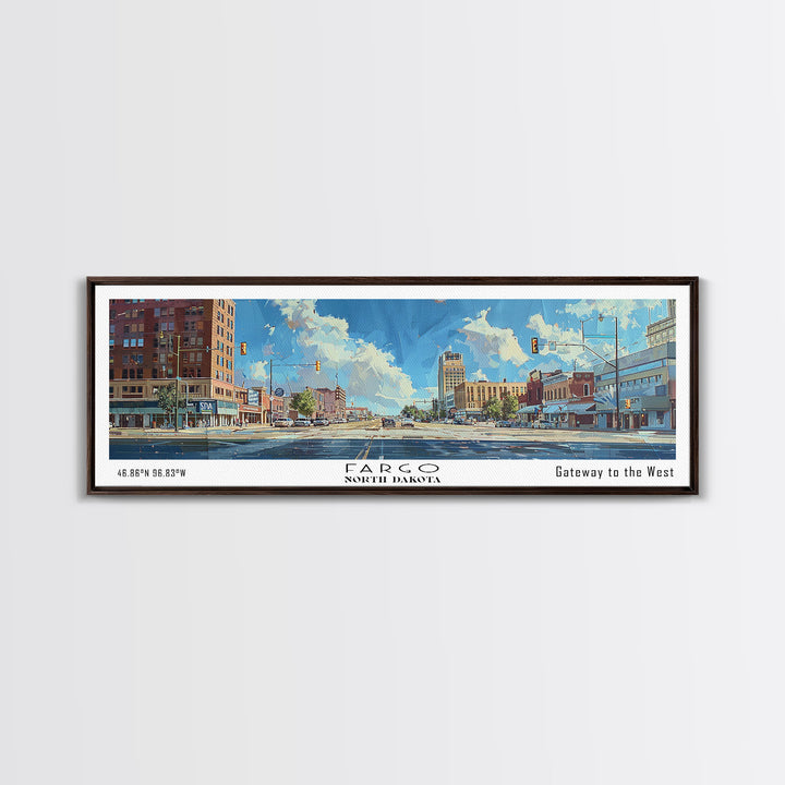 Fargo North Carolina Panoramic Watercolor Painting, Scenic Framed Canvas Print, Urban Wall Art for Office, Travel Decor, City Print, Gift Idea