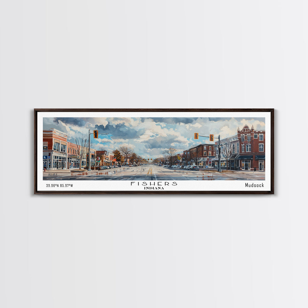 Fishers Indiana Panoramic Watercolor Painting, Scenic Framed Canvas Print, Urban Wall Art for Office, Travel Decor, City Print, Gift Idea
