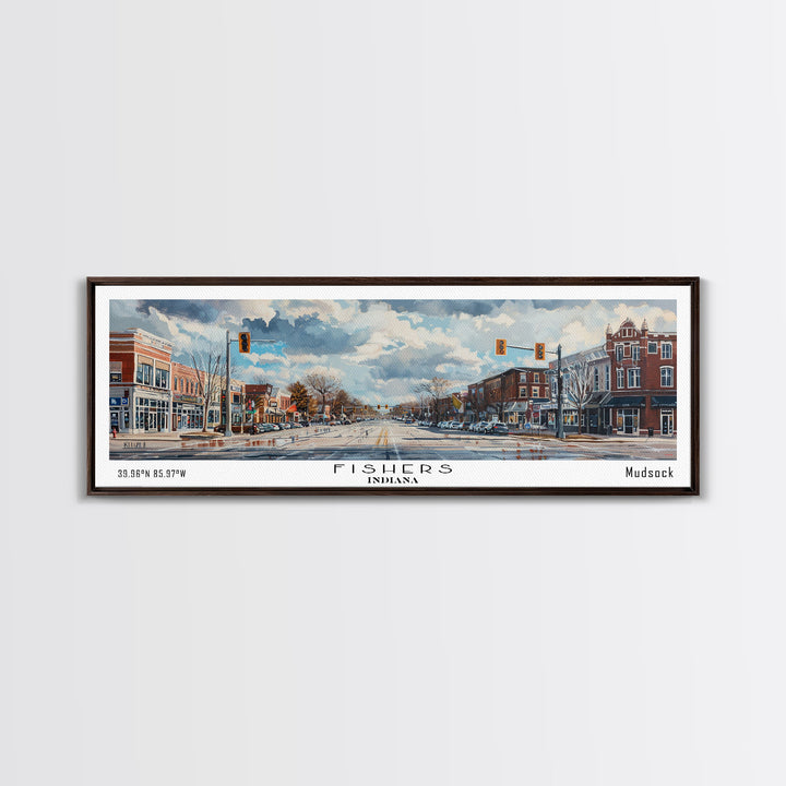 Fishers Indiana Panoramic Watercolor Painting, Scenic Framed Canvas Print, Urban Wall Art for Office, Travel Decor, City Print, Gift Idea