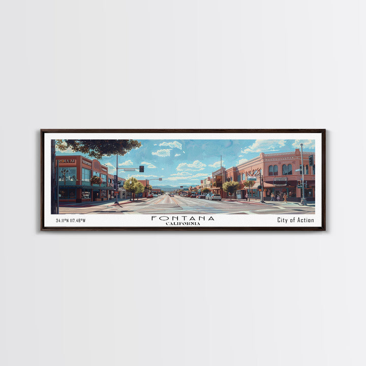 Fontana California Panoramic Watercolor Painting, Scenic Framed Canvas Print, Urban Wall Art for Living Room, Travel Poster, Home Decor, City Gift Idea